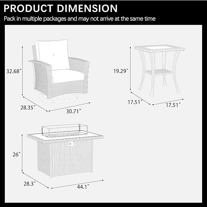 LayinSun 7 Piece Wicker Patio Furniture Set with Fire Pit Table, Classis Outdoor Conversation 360 Degree Swivel Chairs Set with Coffee Table