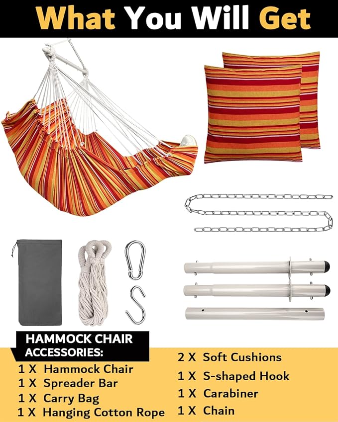 Miztli Hammock Chair Hanging Chair Swing for Bedroom with Foot Rest, Max 500 Lbs, Steel Spreader Bar with Anti-Slip Rings-2 Cushions Included-Indoor and Outdoor