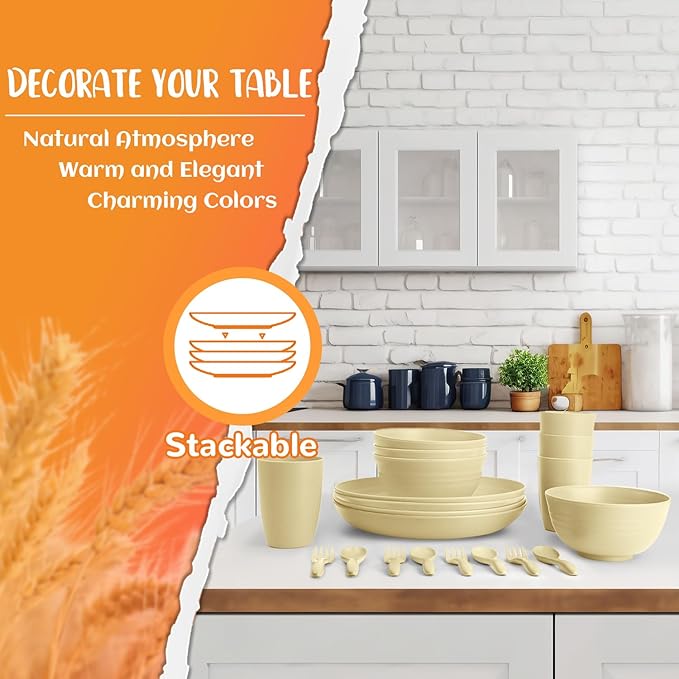 Kitchen Wheat Straw Dinnerware Sets for 4, Unbreakable Dish Set 20-Piece - Dinner Plate/Cereal Bowl/Cup/Fork/Spoon, for Outdoor Camping, RV, Apartment Essentials - Beige