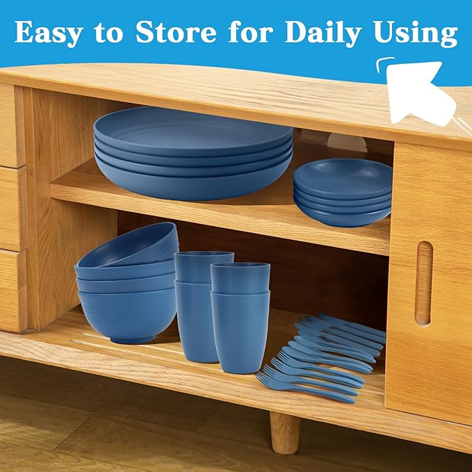 Wrova Wheat straw plates and bowls sets with cutlery - Unbreakable wheat straw dinnerware sets - Dishwasher safe plates,bowls,cups for apartment.Blue