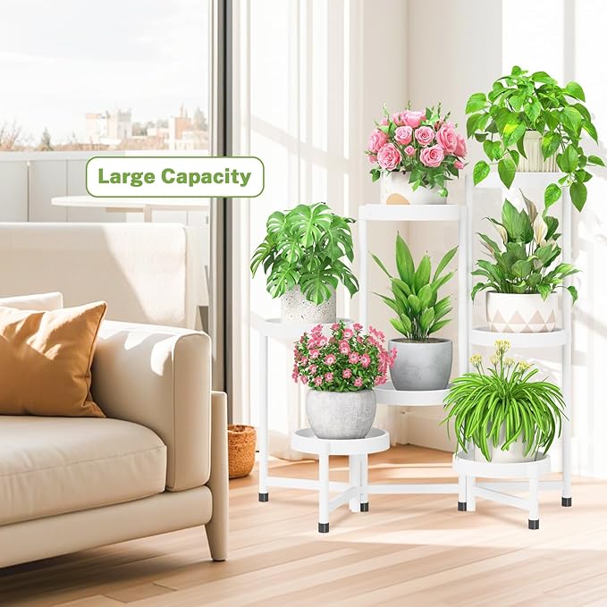 iDavosic.ly 7 Tier Folding Plant Stand Indoor Outdoor with Plastic Tray, Tiered Corner Flower Holder Shelf, Metal Orchid Display Rack for Patio Porch Living Room Garden Balcony, White