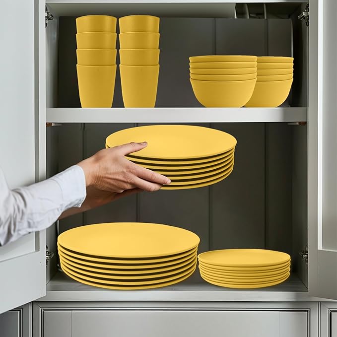 Wrova 40Pack plates and bowls sets for kids - Unbreakable wheat straw dinnerware sets service for 8 - Alternative plastic 40pcs dish sets for kitchen, camping and indoors dinning - (Yellow)