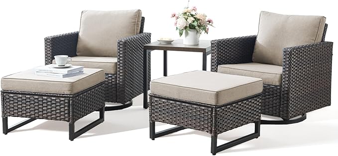 Patio Furniture Set with Swivel Chairs-5 Piece Outdoor Swivel Rocker Patio Chairs with Ottomans Rattan Side Table, Comfy Cushion Outdoor Furniture Set for Porch Deck Garden Backyard(Brown/Beige)