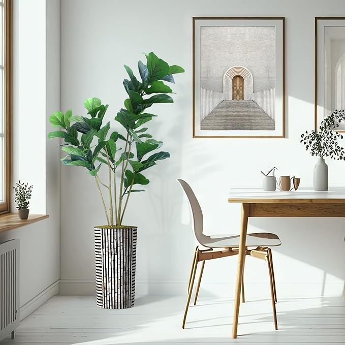 Artificial Tree in Black and Brown Striped Planter, Fake Ficus Lyrata Silk Tree for Indoor and Outdoor Home Decoration - 66" Overall Tall (Plant Pot Plus Tree)