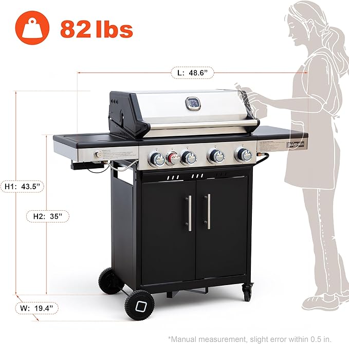 Brand-Man 4 Burner Propane Grill with Infrared Sear Side Burner 8500 BTU, Cabinet Style Gas BBQ Grill with Side Table for Barbecue Grilling & Backyard Cooking