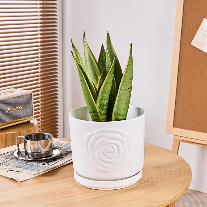 Ekirlin 7 Inch Plant Pots, Ceramic Rose Flower Planters Indoor, Modern Succulents Containers with Drain Hole Saucer, Weatherproof Pot for Home Decorate, Outdoor & Garden (White)