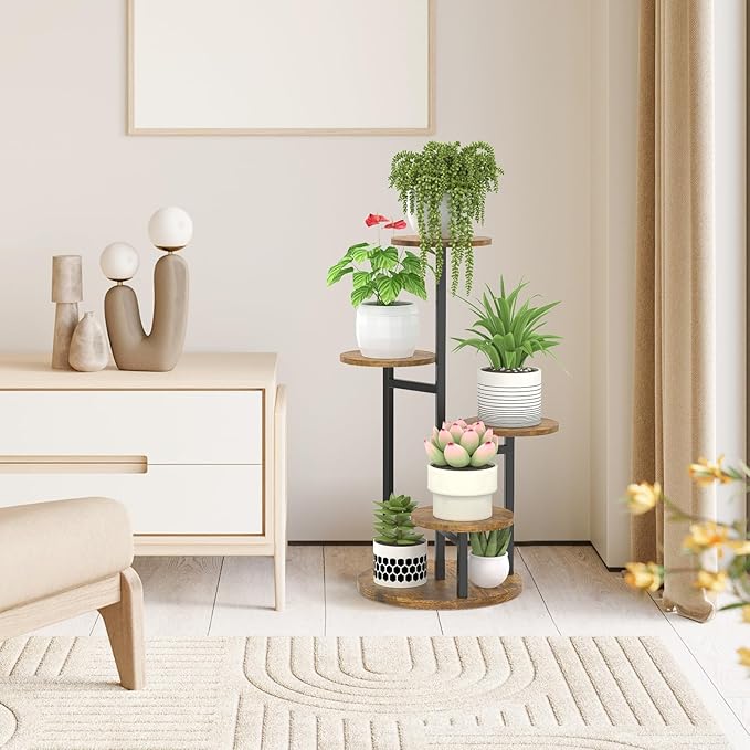 5 Tier Plant Stand Indoor, Metal Wood Flower Holder, Heavy Duty Tall Round Multiple Shelf, Sturdy Spiral Planter Orchid Display Rack for House Living Room Patio Corner Bathroom, Modern Black