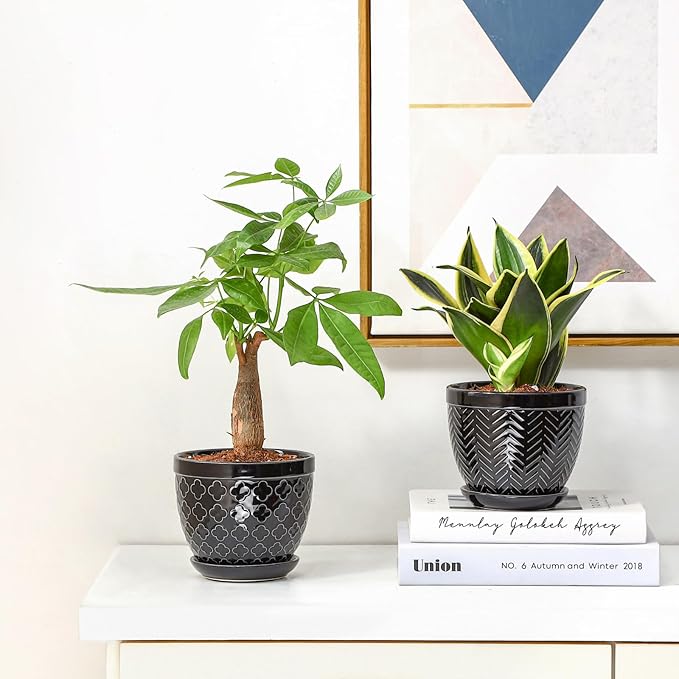 Sureasy Ceramic Indoor Plant Pots - 5.6 Inch Flower Pots for Plants with Drainage Hole and Saucer, Embossed Planter for Succulents, Orchid, Cactus, Indoor Home Decor, Set of 4, Black