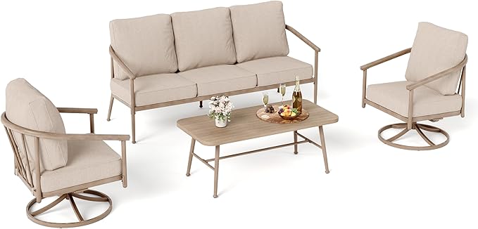 Outdoor Patio Furniture Set with Swivel Chairs, 4-Piece Steel Patio Outdoor Conversation Sets with Washable Thick Cushions, Windsor Outdoor Patio Sectional for Garden, Backyard, Balcony-Beige