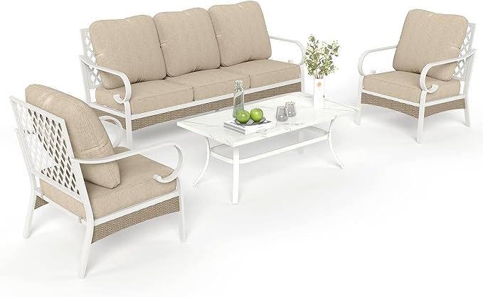 4 Piece Patio Furniture Set, 2 x Fixed Chair, 1 x 3-Seat Sofa with Marbling Coffee Table, All Cushioned 5 Seats Outdoor Conversation Set for Lawn Garden Backyard, Beige