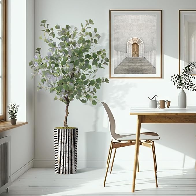 Artificial Tree in Black and Brown Striped Planter, Fake Eucalyptus Silk Tree for Indoor and Outdoor Home Decoration - 66" Overall Tall (Plant Pot Plus Tree)