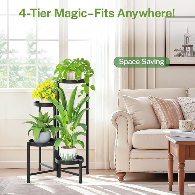 iDavosic.ly Plant Stand Indoor Outdoor, 4 Tier Corner Metal Flower Display Holder Shelf, Folding Tall Orchid Rack for Patio Balcony Porch Garden Living Room House, Black