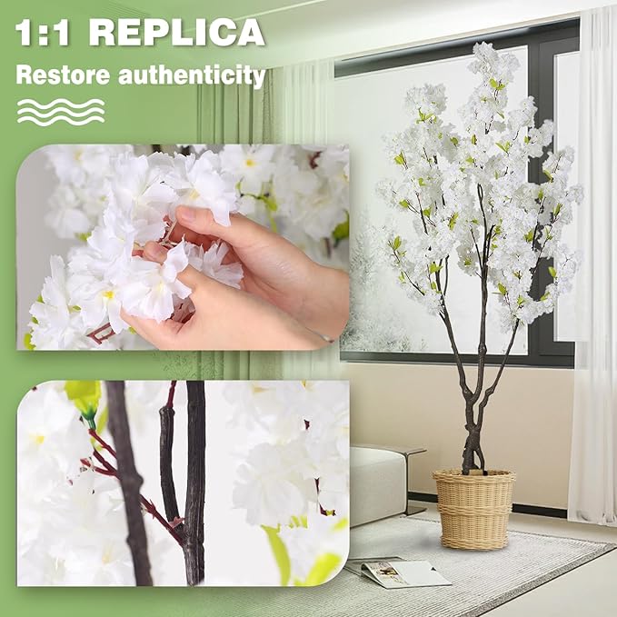 Artificial White Cherry Blossom Tree 6ft(72in) Faux White Flower Tree Indoor Decor Handmade Natural Fake Cherry Tree for Wedding Realistic Cherry Blossom Plant for Home,Living Room,Office Decor