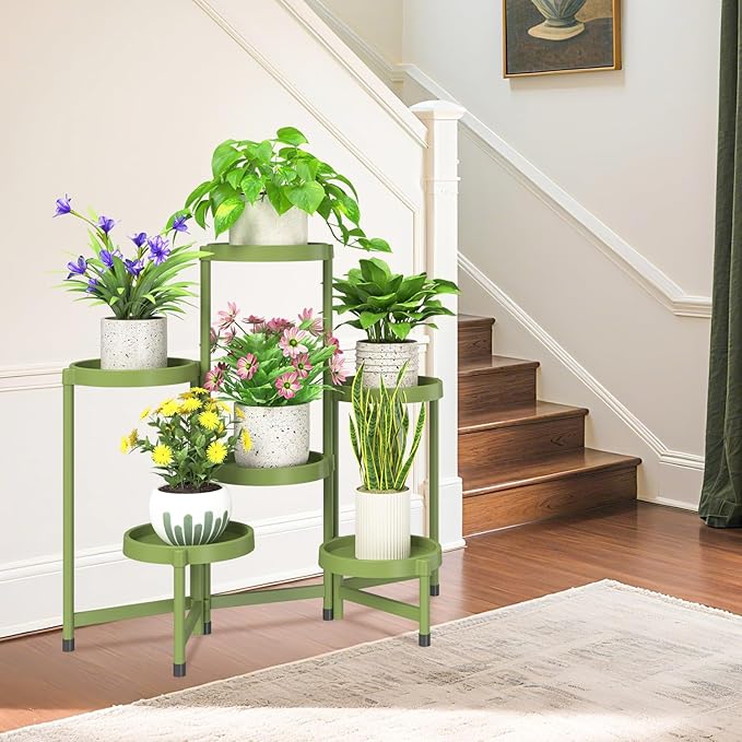 iDavosic.ly 6 Tier Folding Plant Stand Indoor Outdoor with Plastic Tray, Tiered Corner Flower Holder Shelf, Metal Orchid Display Rack for Patio Porch Living Room Garden Balcony, Green