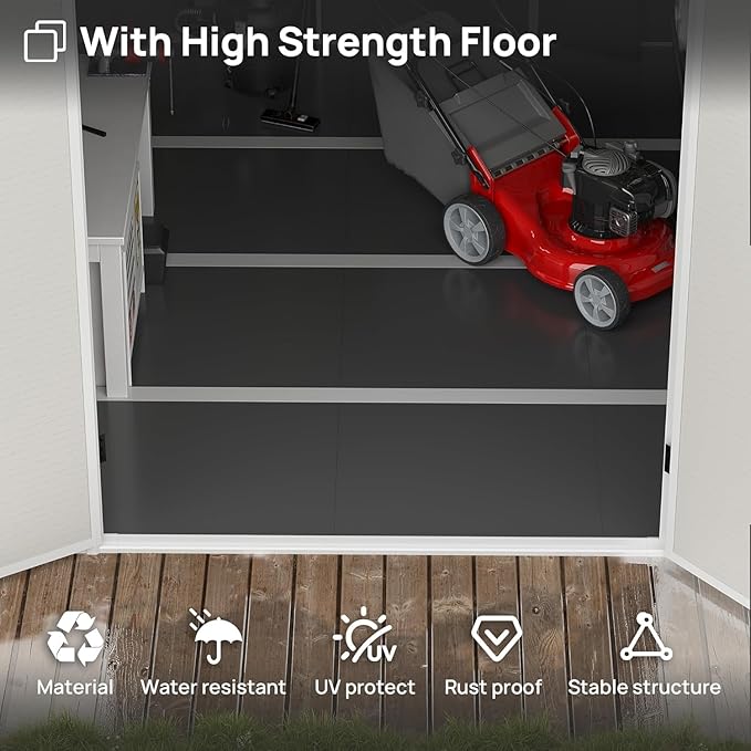 Resin Outdoor Storage Shed with Floor, 5x3FT Plastic Garden Shed, Lockable Door & Window, Waterproof Tool Shed for Bike, Garbage Can, Lawn Mower, Patio Furniture Bedge