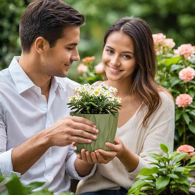 7 inch Plant Pots for Indoor Outdoor Plants, 5 Pack Thick Nursery Pots with Drainage Holes and Saucers, 3D Modern Wave Texture Plastic Planter Pots for Flowers and House Plants, Multicolor