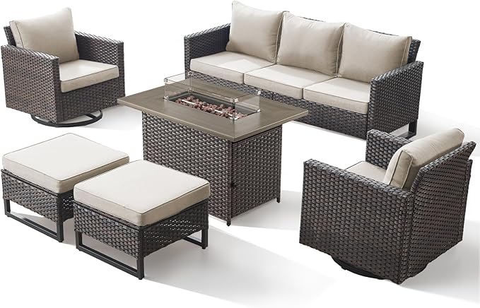 Patio Furniture Set with Fire Pit Table-6 Pieces All Weather Outdoor Swivel Chairs Set of 2 with Patio Sofa and Ottomans, Patio Conversation Sets for Porch Deck Garden Backyard(Brown/Beige)