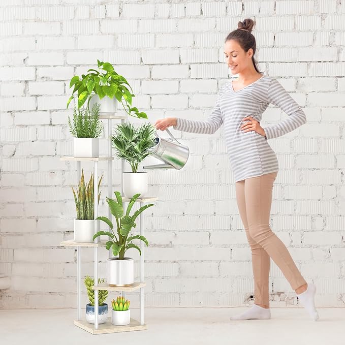 6 Tier Tall Plant Stand Indoor, Large Metal Wood Muti Level Vertical Planter Shelf Orchid Holder for Narrow Corner, Sturdy Heavy Duty Flower Display Rack for House Decor Living Room Bedroom, White