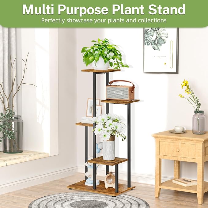 iDavosic.ly 5 Tier Plant Stand Indoor, Tiered Corner Flower Holder Shelf Outdoor, Metal Wood Tall Orchid Pot Display Rack for Patio Porch Garden Balcony Office, Modern Black & Rustic Brown