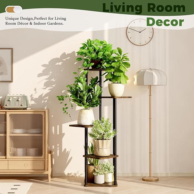 5 Tiered Plant Stand Indoor Corner Plant Shelf for Multiple Plants for Patio Garden Balcony Living Room Bedroom, Tall Metal Flower Pots Stand Relaxing for Women Gift Brown Oak