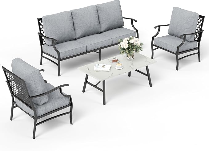 4 Piece Metal Outdoor Patio Furniture Sets, Patio Conversation Sets 1 3-seater Sofa, 2 Fixed Chair with 5.75" Extra Thick Cushion and Coffee Table, Black Frame Backyard Furniture, Gray