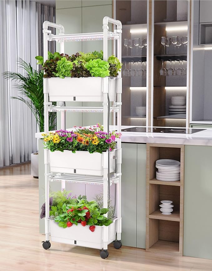 Hydroponics Growing System,AOONEG 42Pods Indoor Herb Garden with LED Grow Light,Hydroponics Growing System Kit with Automatic Timer,Pump System,Adjustable Height (No Seed,Glossy White, 3Layer-42Pods)