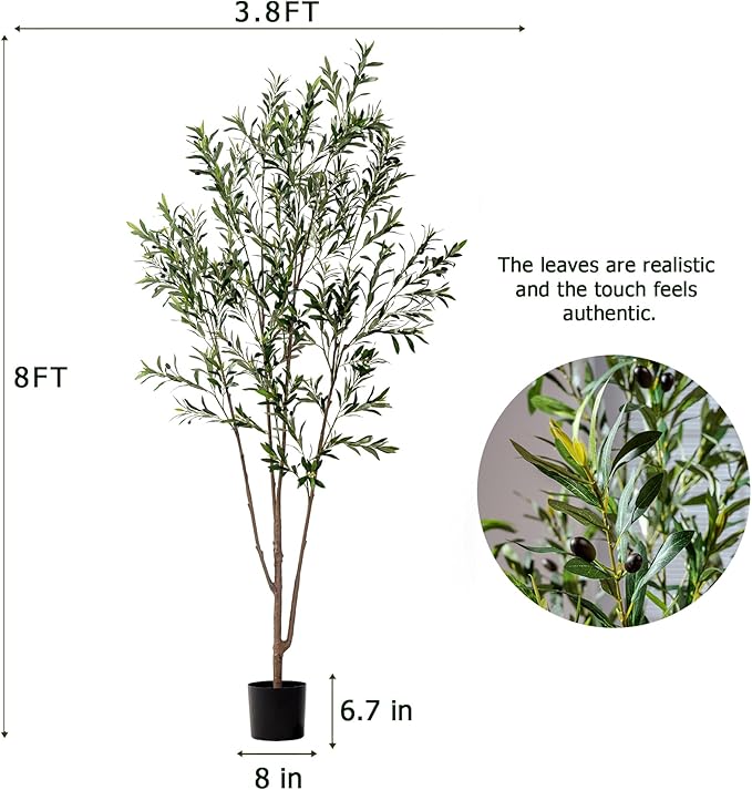 8FT Artificial Olive Tree Tall Faux Silk Plant Tall Faux Olive Tree with Natural Wood Trunk & Lifelike Fruits Fake Potted Tree or Home Office Decor