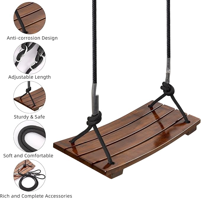 PELLOR Wooden Swing Seat, Carbonized Hanging Wood Tree Swing 17.7 x 7.9 x 0.5 in for Adult Kids Children Anticorrosive & 100% Waterproof 440lbs Load Indoor Outdoor Backyard Play