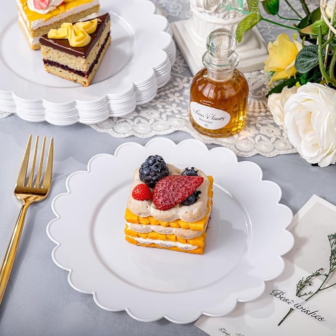 SUT 72Pcs 7.5" White Plastic Plates, Heavy Duty Disposable Plates for Weddings, Parties, Events, Fancy Dessert & Appetizer Plates | Shatterproof Bulk Party Supplies (72 Count)