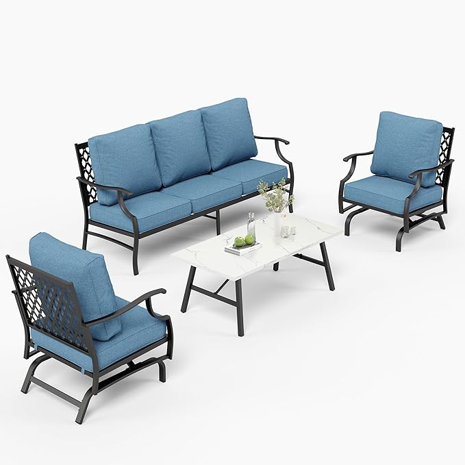 Patio Furniture Set 4 pcs, Outdoor Patio Furniture, 3-Seat Sofa, 2 Rocking Chairs, Coffee Table and 5.75" Extra Thick Cushion, Conversation Set for Backyard Deck, Navy Blue