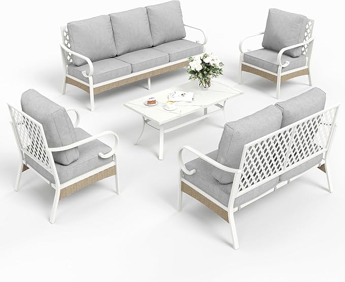6 Piece Metal Outdoor Patio Furniture Set, Patio Conversation Set with 1 3-Seater Couch, 2 Fixed Sofa with 5.75" Thick Cushion and Coffee Table, White and Gray Backyard Furniture
