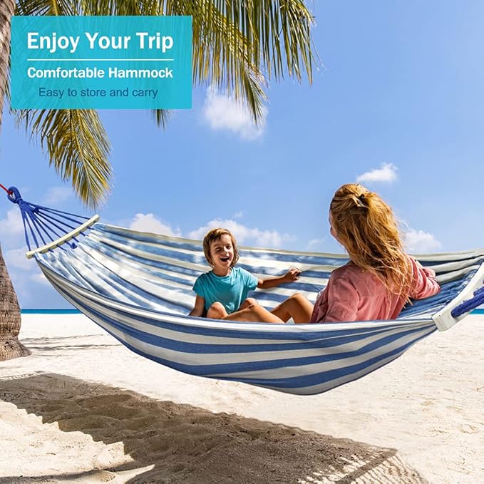 MOSFiATA Hammocks Portable Camping Hammock Upgraded 550lb Comfortable Fabric Hammock with Two Anti Roll Balance Beam and Sturdy Metal Knot Tree Straps for Camping, Patio, Backyard, Outdoor(Blue White)