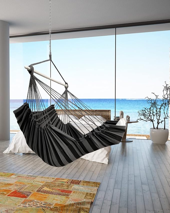 Miztli Hammock Chair Hanging Chair Swing for Bedroom with Foot Rest, Max 500 Lbs, Steel Spreader Bar with Anti-Slip Rings-2 Cushions Included-Indoor and Outdoor