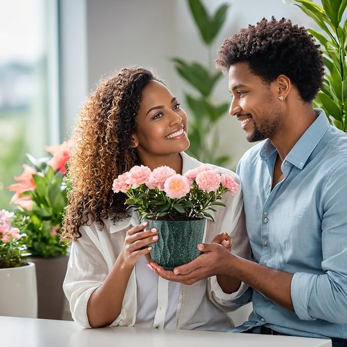 5 inch Plant Pots for Indoor Outdoor Plants, 6 Pack Thick Nursery Pots with Drainage Holes and Saucers, 3D Modern Wave Texture Small Plastic Planter Flower Pots, Black with Green Speckles