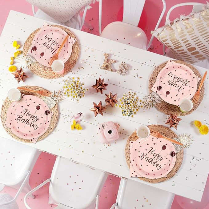 75PCS Happy Birthday Paper Plates - 7 Inch Rose Gold Dot Paper Plates and 6.5 Inch Napkins with 6.3 Inch Gold Forks Disposable Tableware Set for Birthday Party Decorations, Serves 25