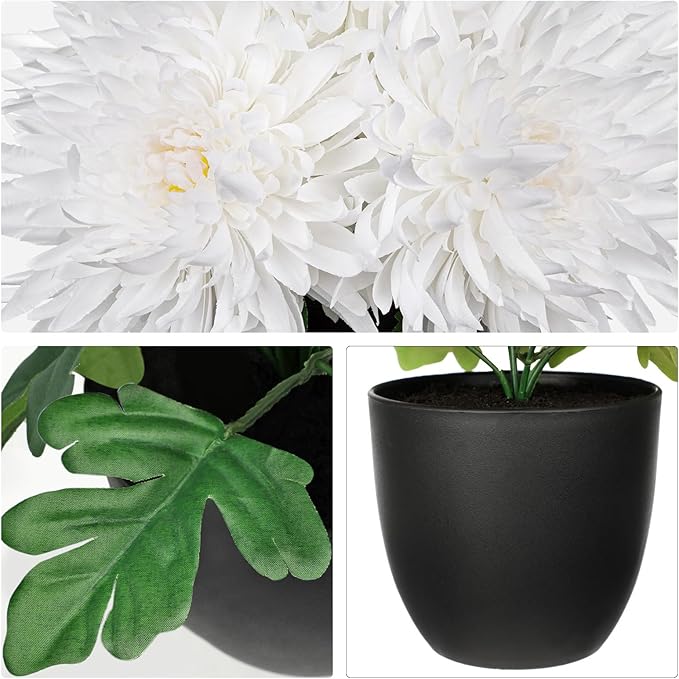 Hollyone Artificial Mums Flowers in Vase Faux Chrysanthemum Silk Flower Potted Plant Fake Plants & Flowers with Pot Floral Arrangements Bouquets Pincushion Spider Mum Flower Home Decor White