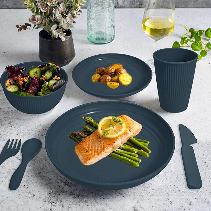 Wheat Straw Dinnerware Sets for 6 (42pcs), SGAOFIEE Plastic Plates and Bowls Sets, Dinner Plates, Pasta Bowls, Cereal Bowls, Microwave Dishwasher Safe Plates and Bowls Sets, Camping Dishes, Blue