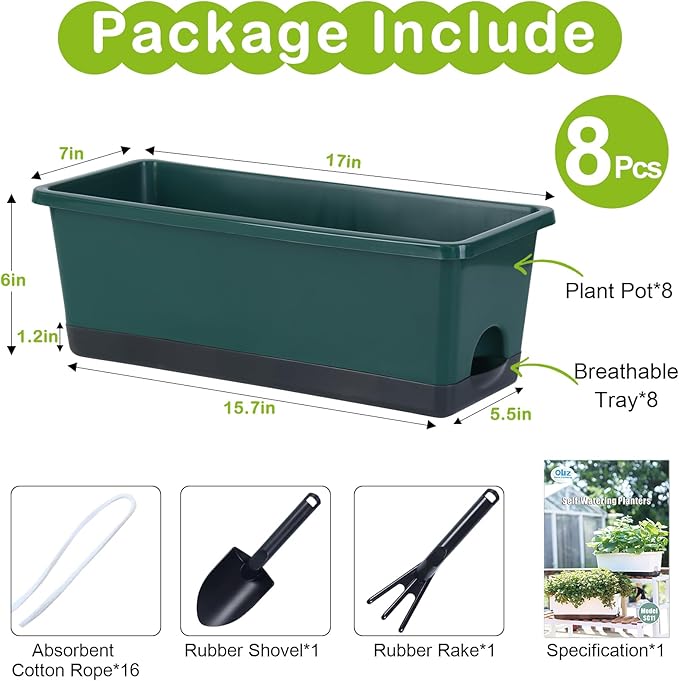 Window Box Planter 8 Pcs, 17 Inches Rectangle Flower Pots with Drainage Holes and Trays, Vegetable Planters for Windowsill Patio Garden Balcony Home Porch Yard Indoor Outdoor (Dark Green)