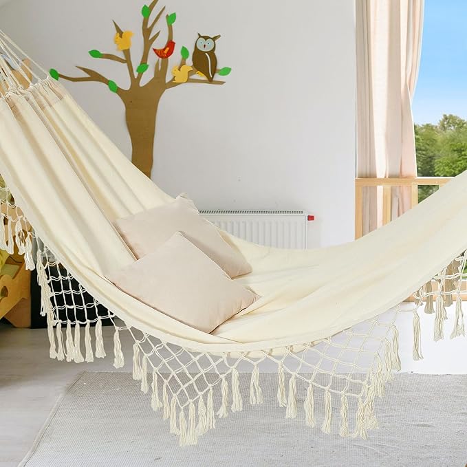 JoyView Boho Macrame Single Hammock with Hanging Ropes & Elegant Tassels 78.8x39.4 Portable Cotton Hammock for Patio Backyard Porch 300LBS Weight Capacity Perfect for Outdoor/Indoor - Beige Color