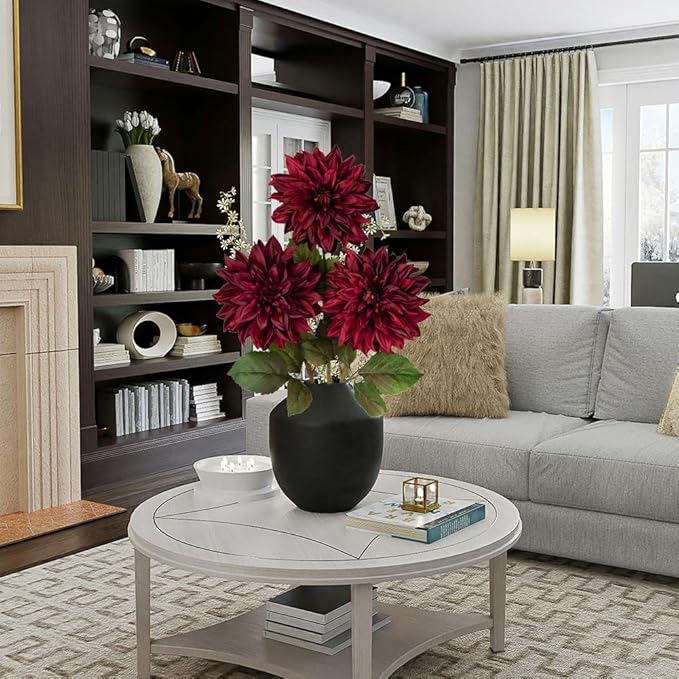 Hollyone 3Pcs Dark Red Fake Dahlia Flowers Fall Flowers Artificial for Decoration Silk Flower with Long Stem 28" Floral Arrangements Bouquets Autumn Faux Dahlias Centerpieces Fall Decorations for Home