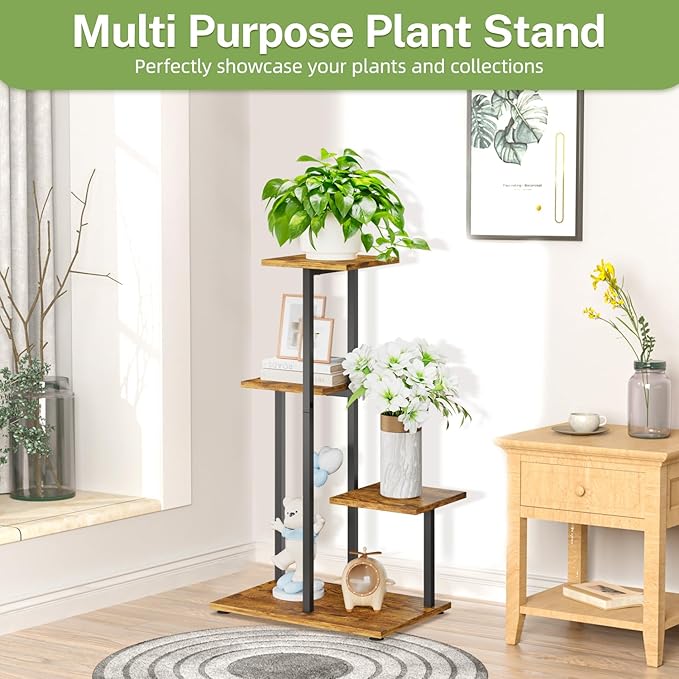 iDavosic.ly 4 Tier Plant Stand Indoor, Tiered Corner Plant Shelf for Multiple Plants, Metal Wood Tall Plant Display Rack Flower Holder for Patio Porch Garden Balcony Bedroom, Black