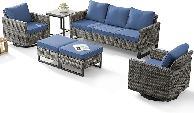 6 Pieces Patio Furniture Set-All Weather Outdoor Swivel Rocker Patio Chairs with Deep Seat Sofa Ottomans and Glass Side Table, Outdoor Conversation Sets for Garden Backyard Deck(Grey/Blue)