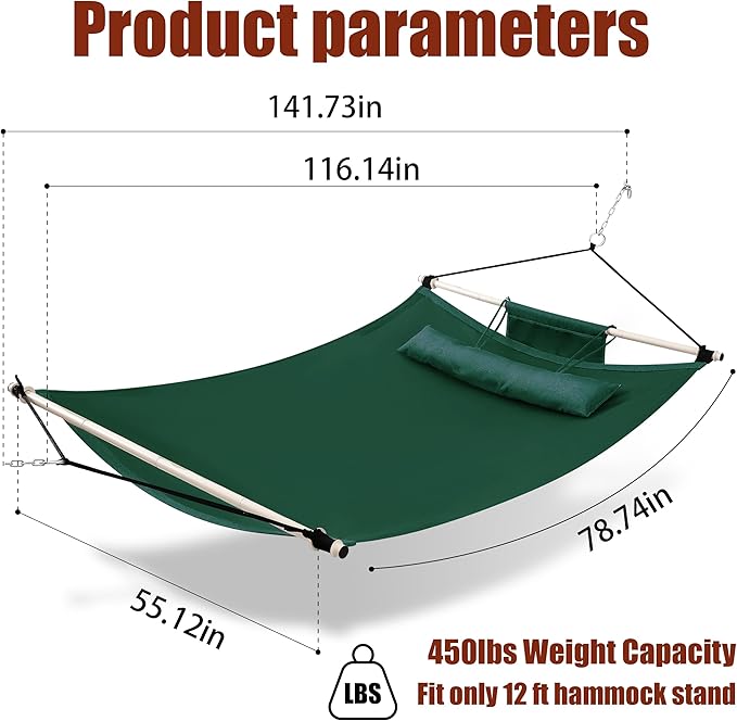 TegerDeger Anti-flip 12FT Hammock Large Hammock 450LB Capacity with Iron Spreader Bar & Nylon Rope for Outside, Patio, Garden, Backyard, Beach - Dark Green