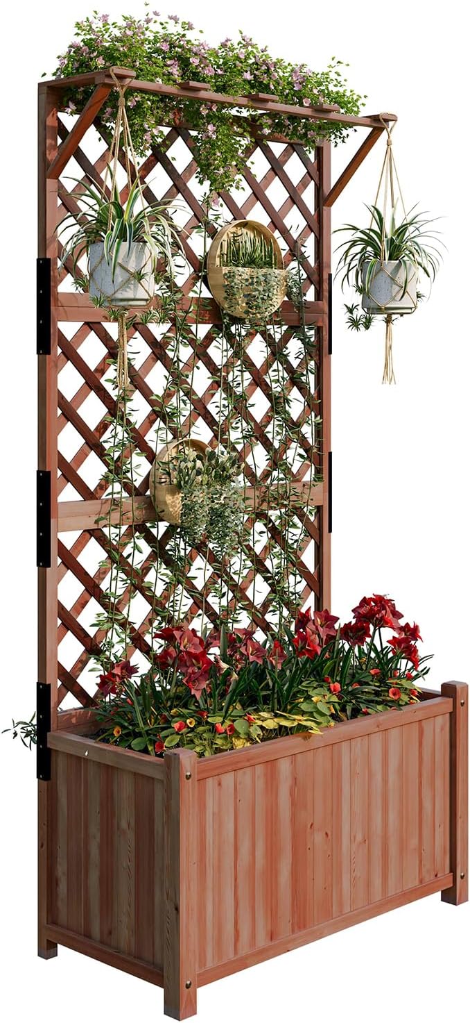 SPECRAFT Wood Planter with Trellis, 35.4x17.7x72 Inch Raised Garden Bed, 1.6Ft Deep Large Planter Box for Outdoor Gardening, Vegetables, and Climbing Plants