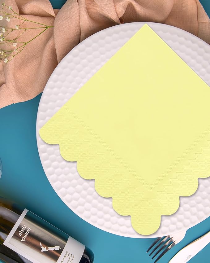 qiqee Elegant Yellow Cocktail Dinner Napkins 5x5inch Disposable Beverage,Wedding, Birthday Party Dessert Wave Paper Napkins(120 Count)