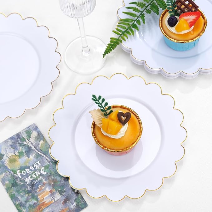 SUT 72Pcs Plastic Plates-7.5inch White Dessert Plates with Gold Trim, White Disposable Plates, Disposable Plates,Fancy Plastic Plates, Heavy Duty Plastic Plates for Wedding & Parties