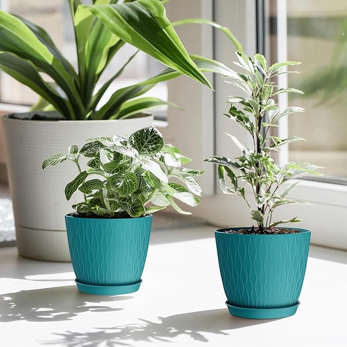 6 Inch Plant Pots, 6 Pack Flower Pots for Indoor and Outdoor Use, Planters with Drainage Holes and Saucers, Black with Speckles