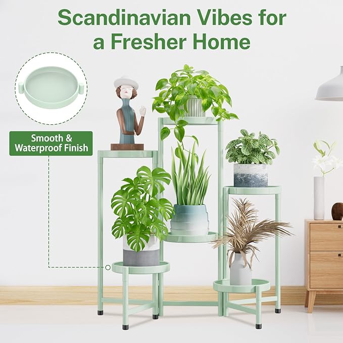 iDavosic.ly Plant Stand Indoor Outdoor, 6 Tier Corner Metal Flower Display Holder Shelf, Folding Tall Orchid Rack for Patio Balcony Porch Garden Living Room House, Light Green