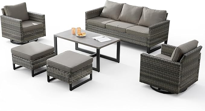 6 Pieces Patio Furniture Set-All Weather Outdoor Swivel Rocker Patio Chairs with 3-Seat Section Couch and Rattan Coffee Table Outdoor Conversation Sets for Garden Backyard Deck(Grey/Grey)