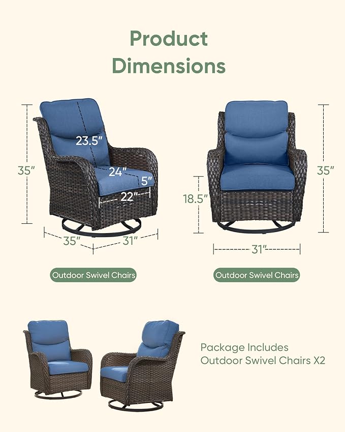 HUMMUH High Back Outdoor Swivel Rocker Patio Chairs Set of 2 with 5-Inch Thick Cushions, All-Weather Wicker Patio Furniture for Porch,Poolside, Deck, and Yard